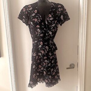 Floral Black short sleeve summer wrap dress with lace trim on bottom